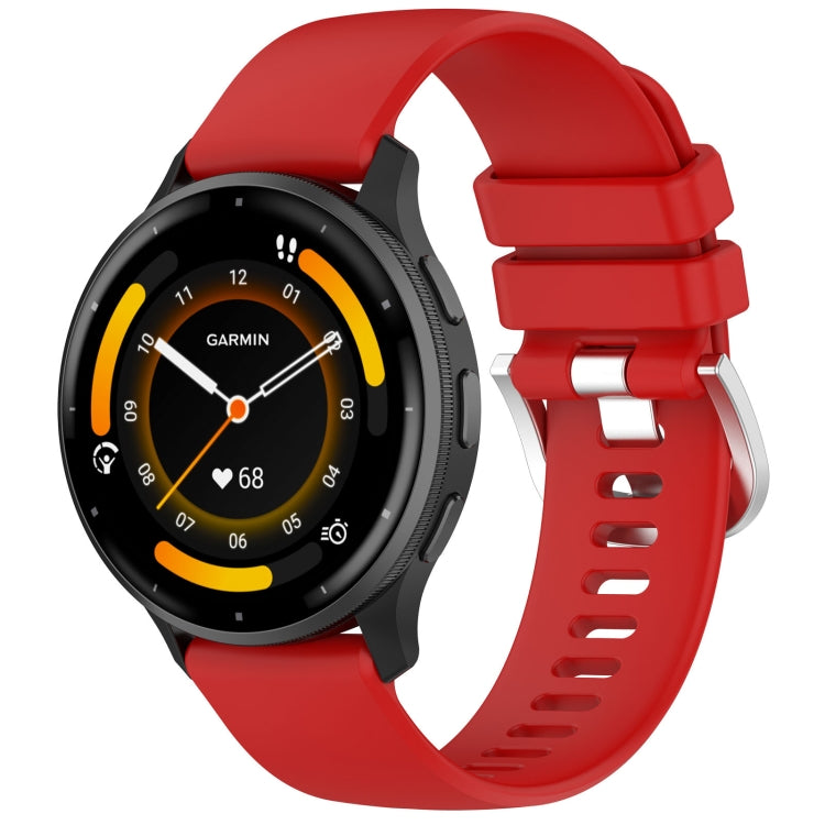 Red silicone watch band for Garmin Venu 3 with glossy silver buckle, showcasing its stylish design and comfortable fit.